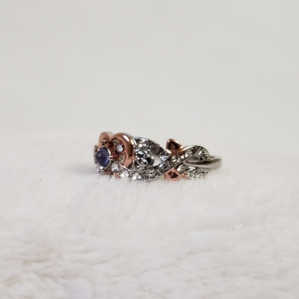 Silver and copper simulated Amethyst and diamond ring, NWOT, heart shaped